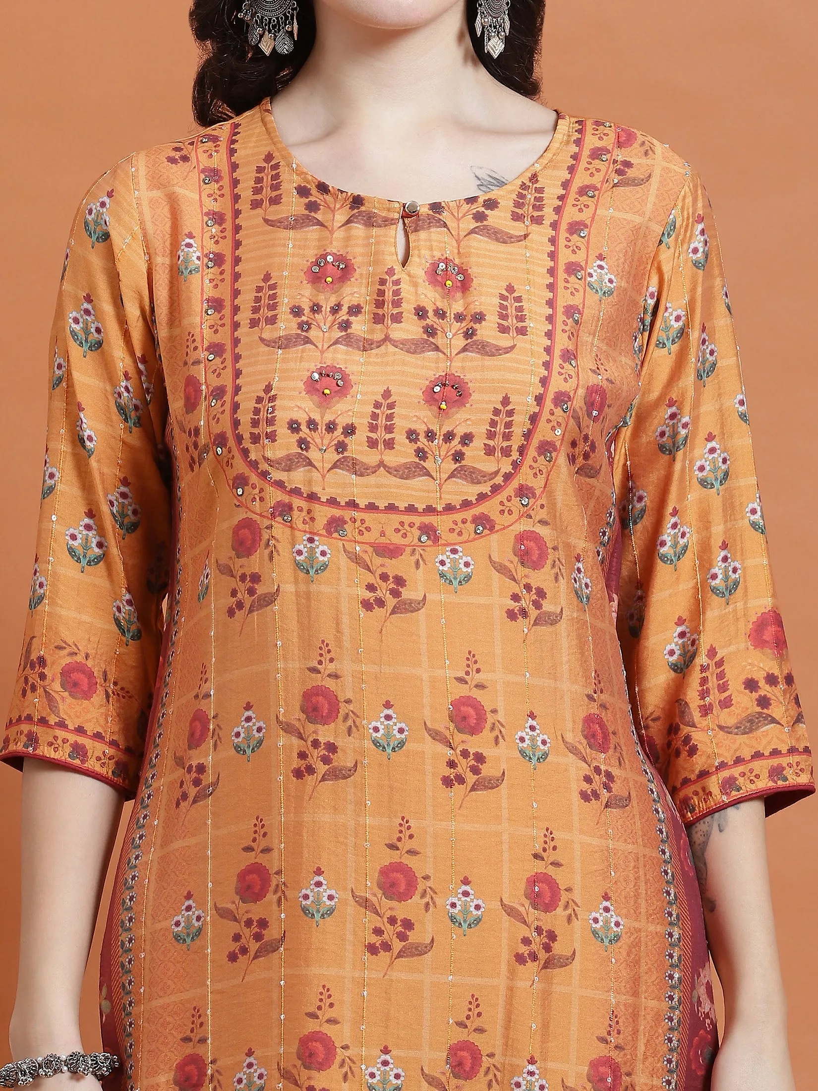 Women Mustard Floral Print Kurta Trouser Dupatta