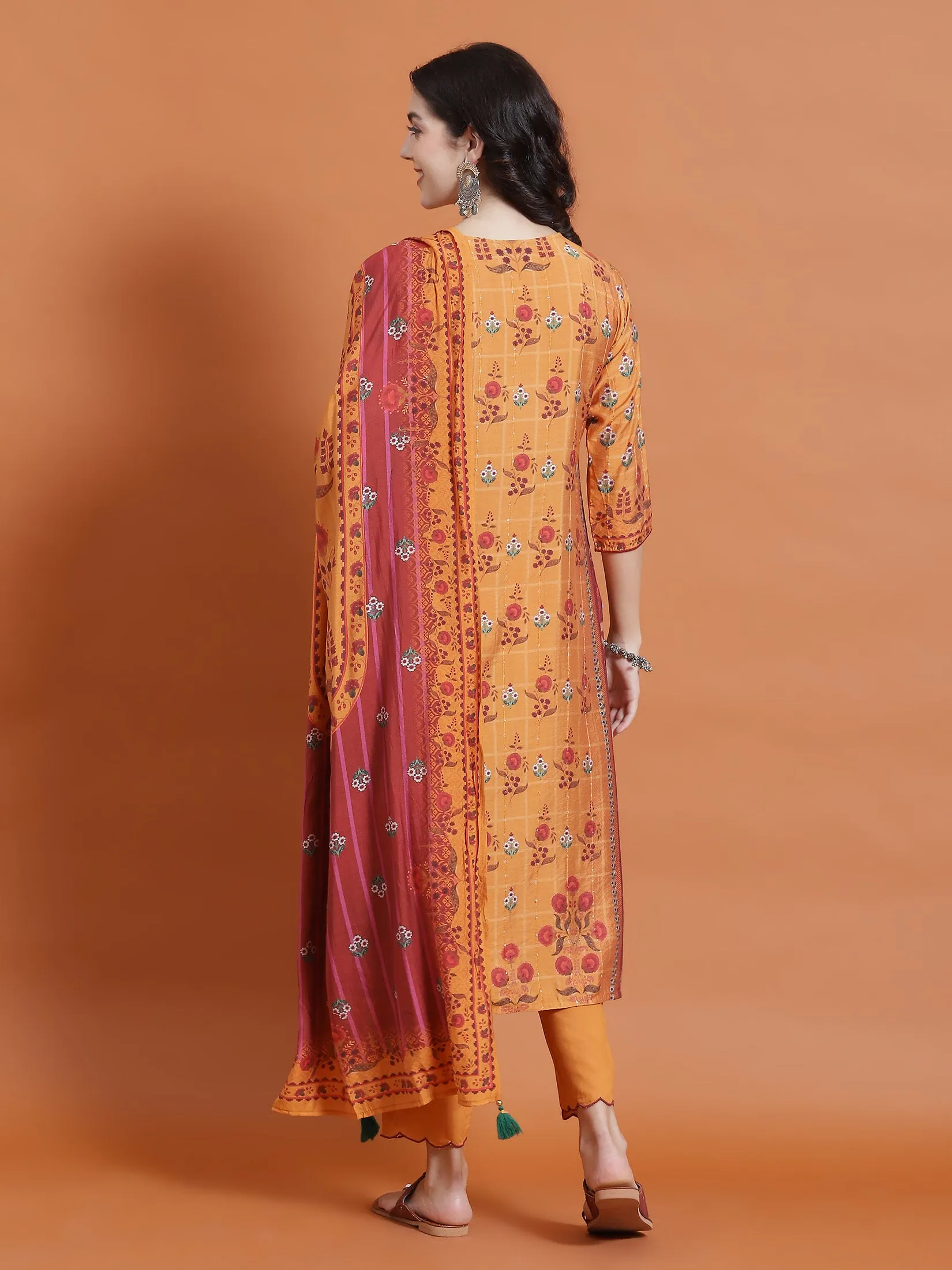 Women Mustard Floral Print Kurta Trouser Dupatta