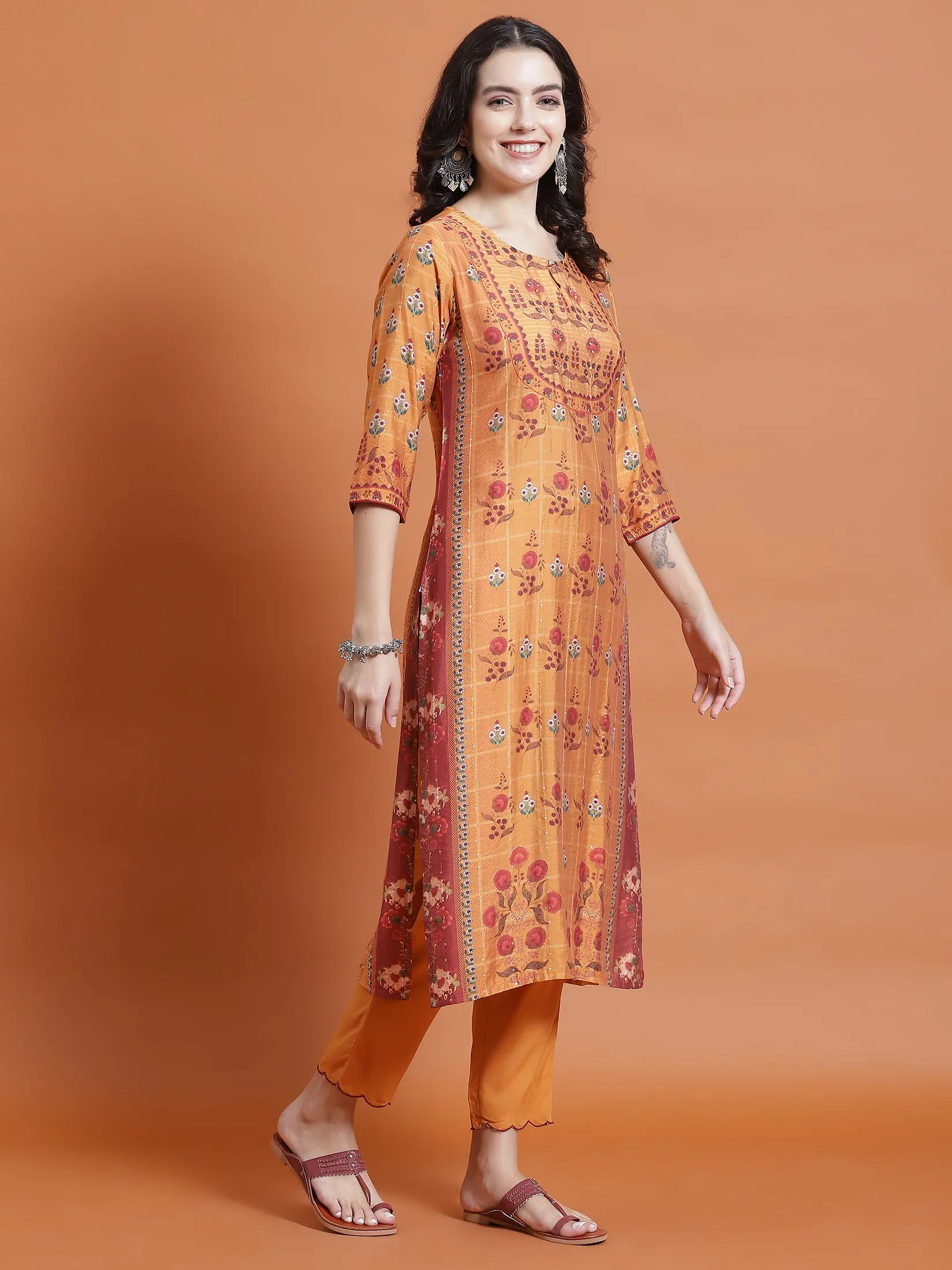 Women Mustard Floral Print Kurta Trouser Dupatta