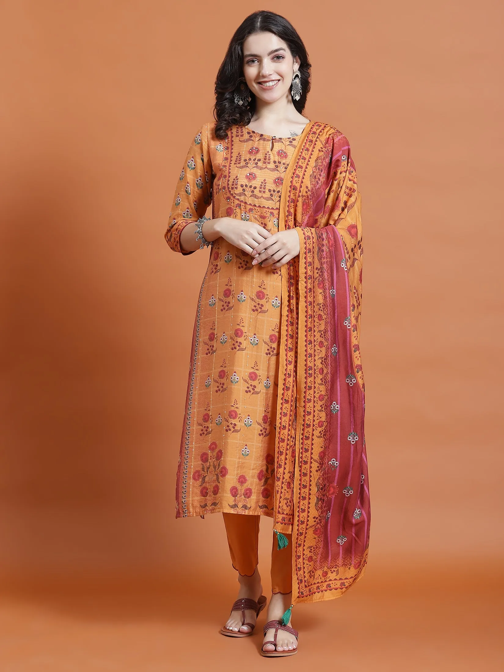 Women Mustard Floral Print Kurta Trouser Dupatta