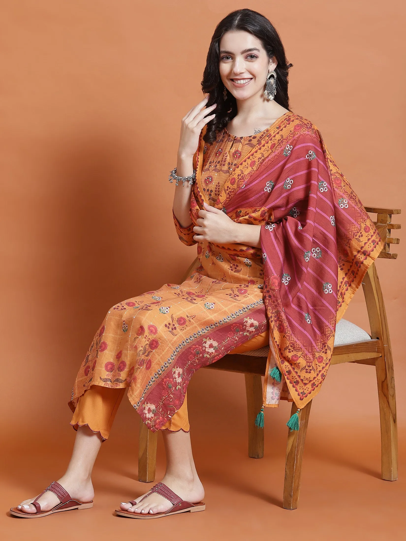 Women Mustard Floral Print Kurta Trouser Dupatta