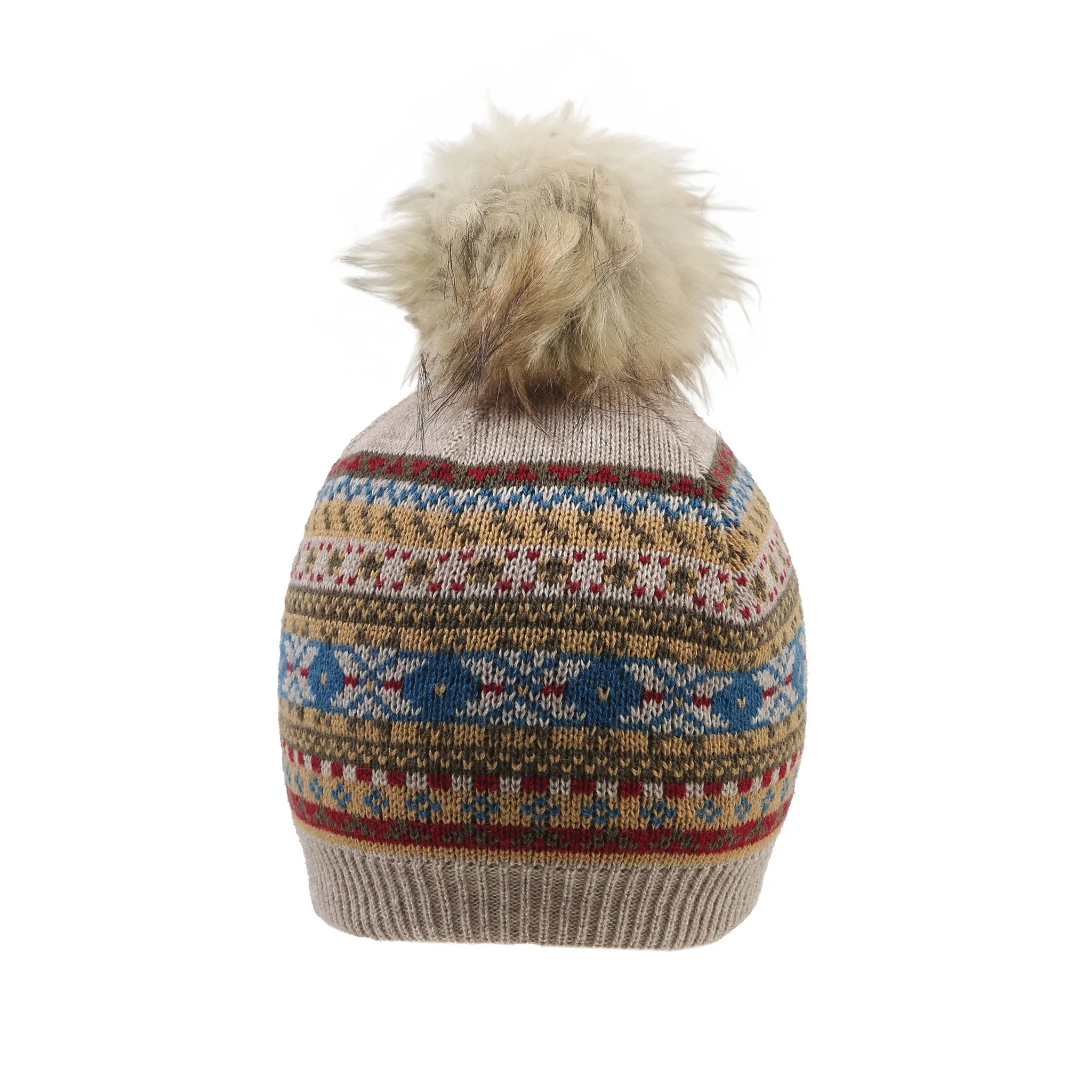 Women’s Jacquard Fair Isle Knitted Bobble Hat with Faux Fur Pom Pom