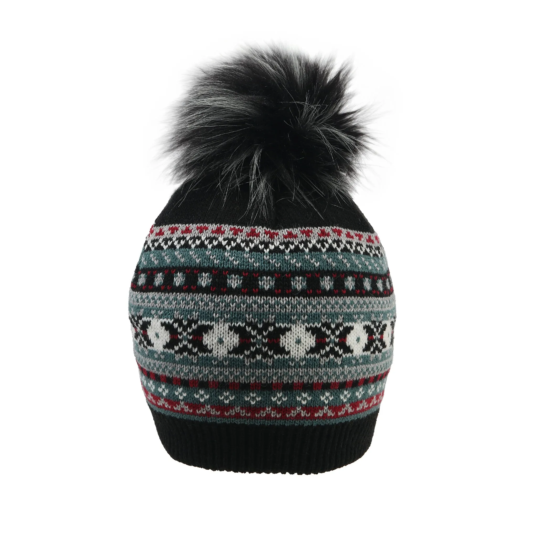 Women’s Jacquard Fair Isle Knitted Bobble Hat with Faux Fur Pom Pom