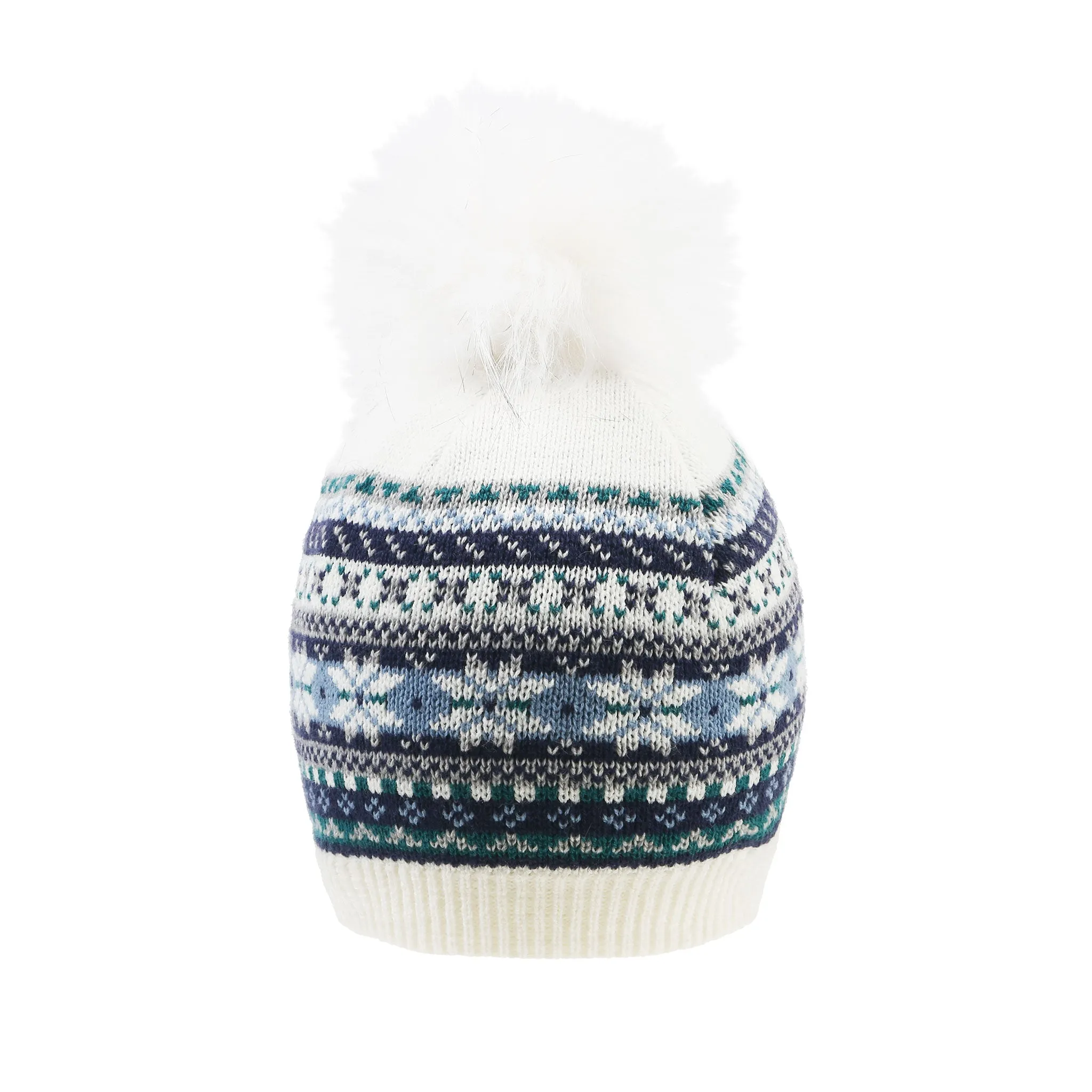 Women’s Jacquard Fair Isle Knitted Bobble Hat with Faux Fur Pom Pom