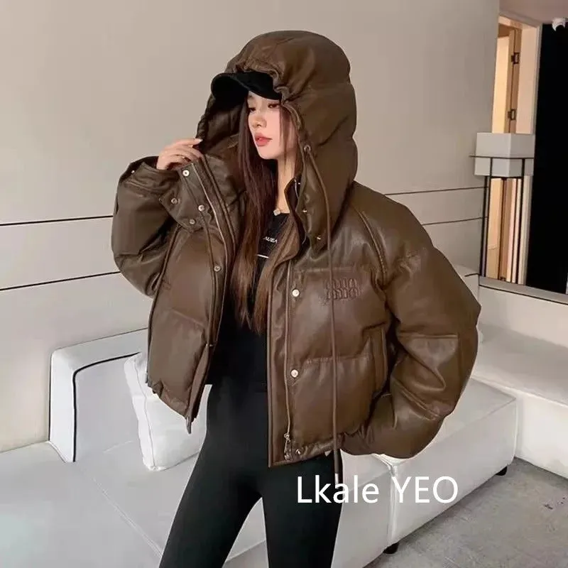 Women's Leather Down Cotton Jacket 2025 Versatile Hooded Lady Winter Parka Coat Fashion Student Ladies Cotton Padded Outerwear