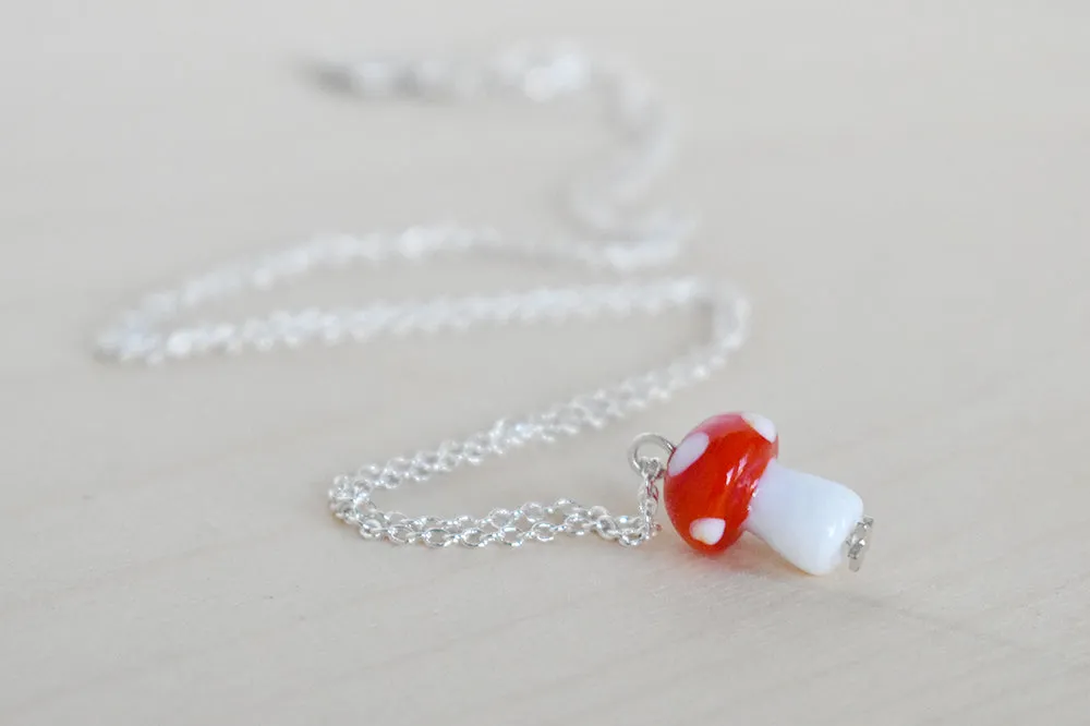 Woodland Forest Mushroom Necklace | Cute Red Glass Toadstool Charm Necklace | Glass Mushroom Jewelry