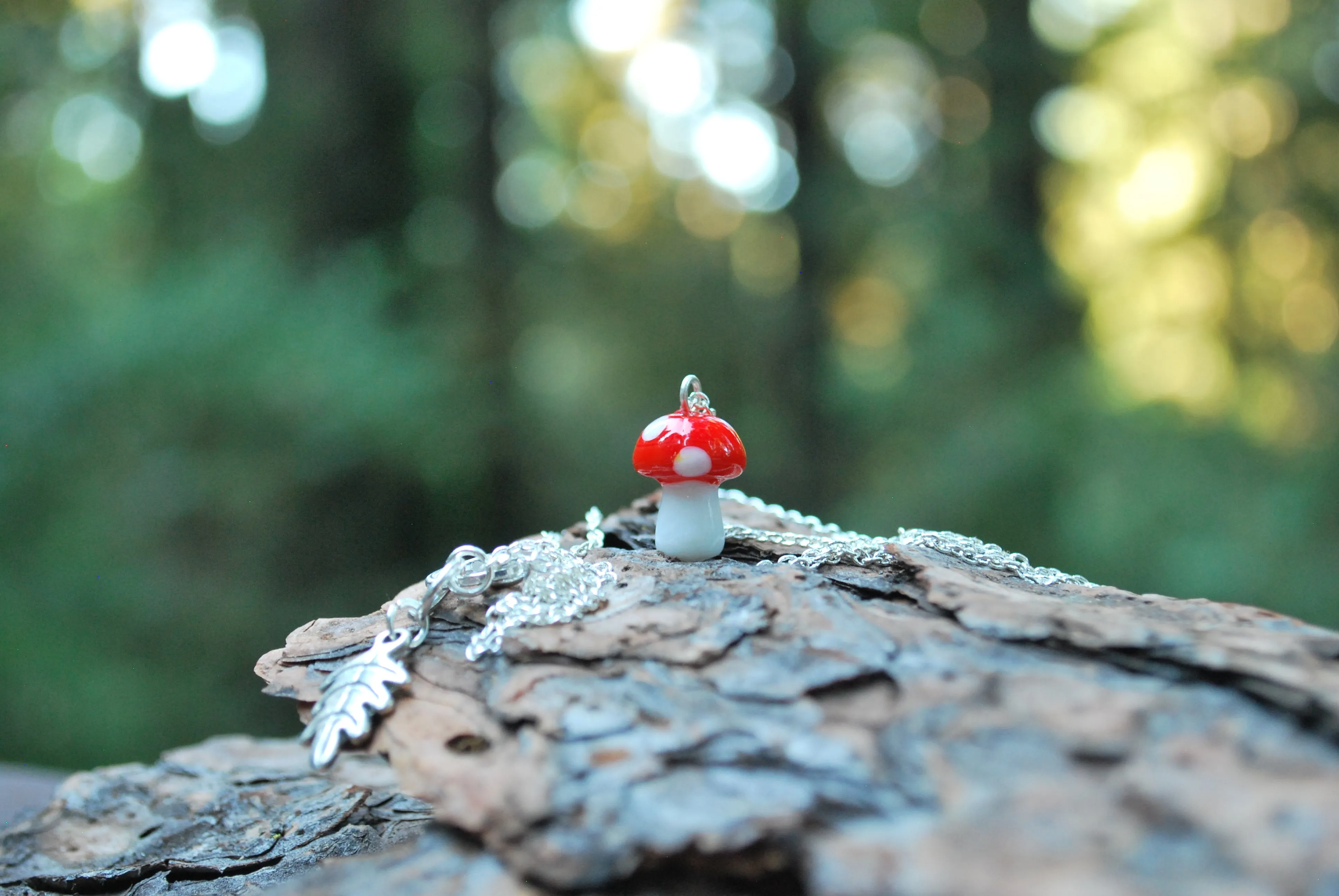 Woodland Forest Mushroom Necklace | Cute Red Glass Toadstool Charm Necklace | Glass Mushroom Jewelry