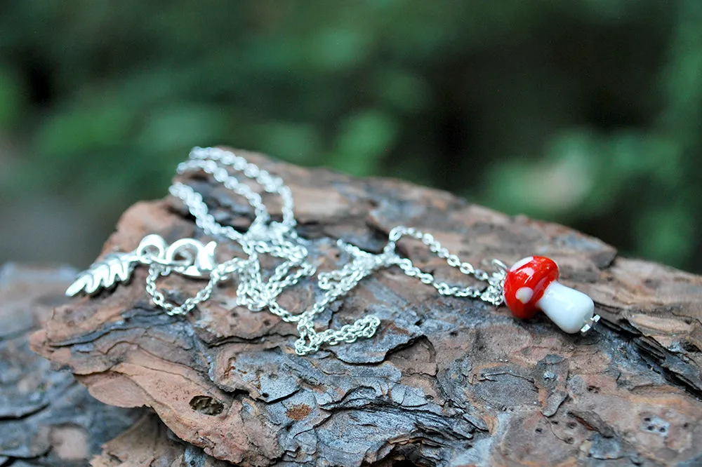 Woodland Forest Mushroom Necklace | Cute Red Glass Toadstool Charm Necklace | Glass Mushroom Jewelry