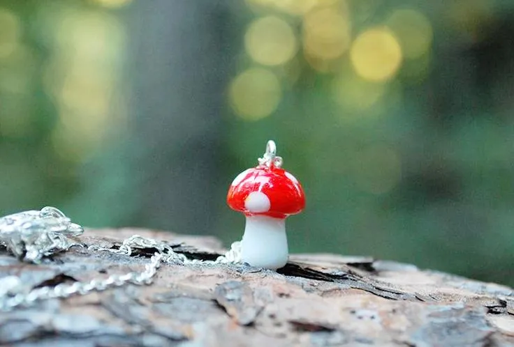 Woodland Forest Mushroom Necklace | Cute Red Glass Toadstool Charm Necklace | Glass Mushroom Jewelry