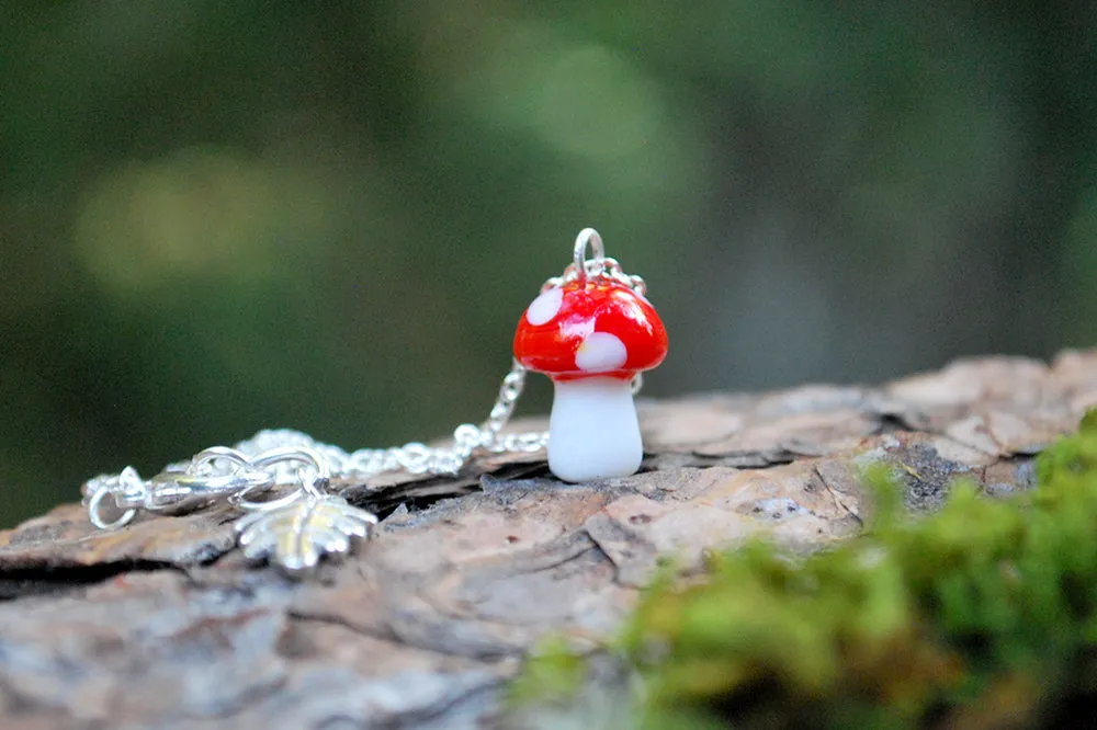 Woodland Forest Mushroom Necklace | Cute Red Glass Toadstool Charm Necklace | Glass Mushroom Jewelry