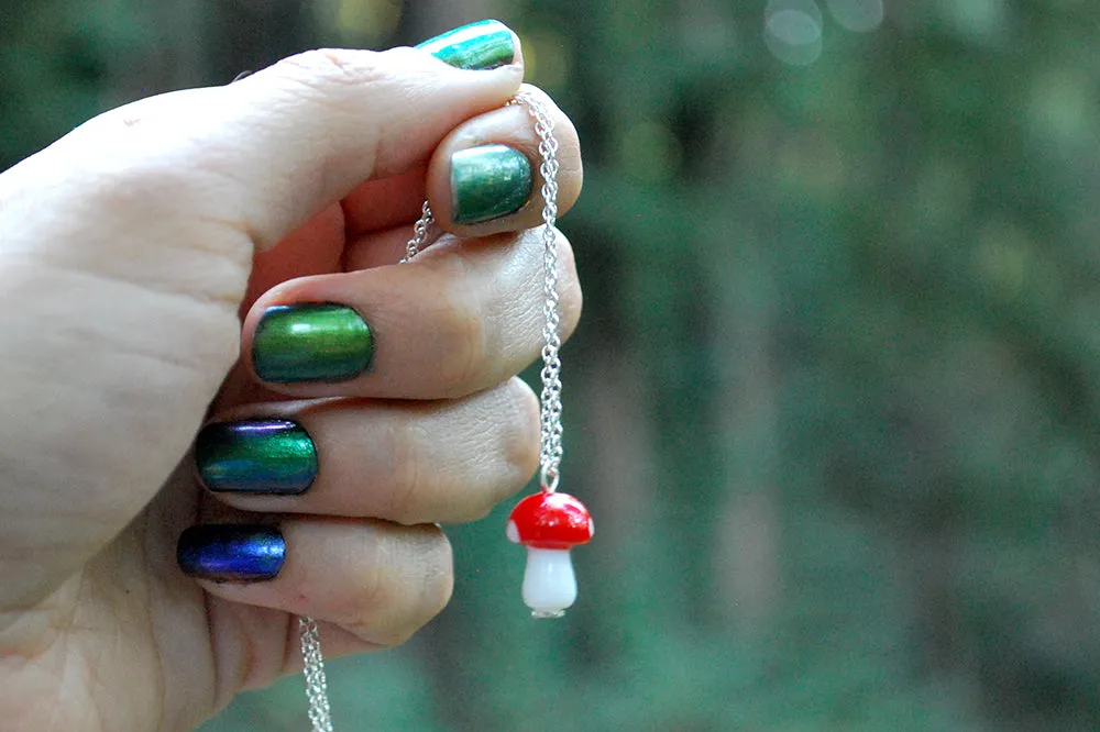 Woodland Forest Mushroom Necklace | Cute Red Glass Toadstool Charm Necklace | Glass Mushroom Jewelry